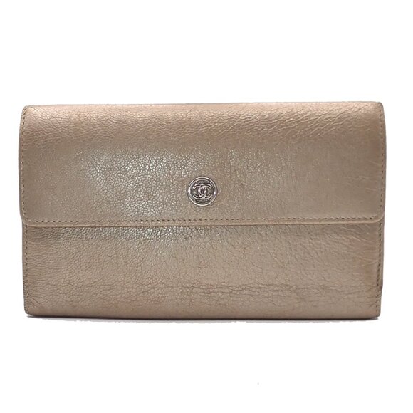 CHANEL CC Logo Trifold Long Wallet Purse Leather Gold Italy 33RL254 - Picture 1 of 16